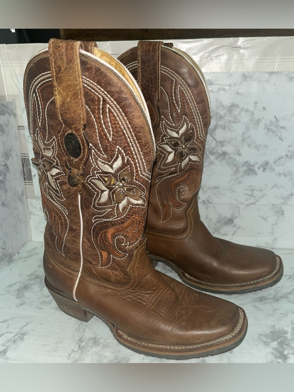 Ultimate Rodeo Tombstone Boots Square Toe Western Cowboy Boots Pull On 7.5 Brown
